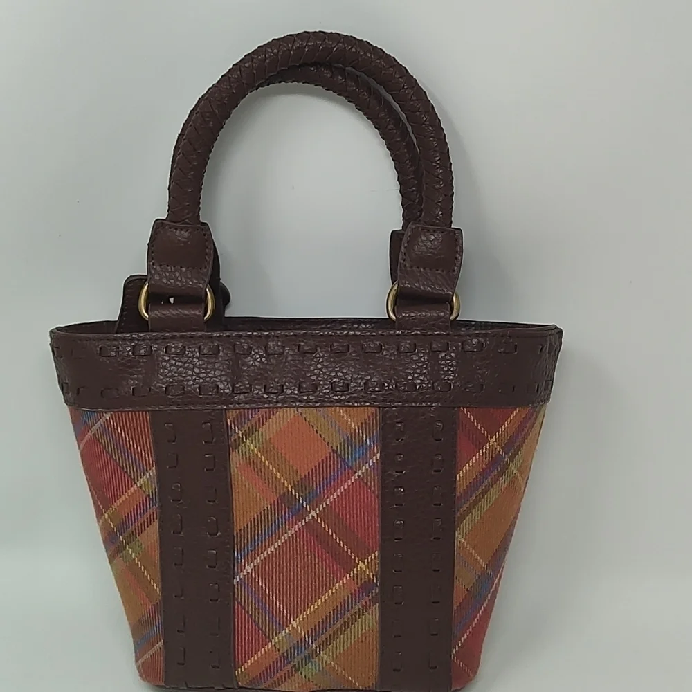 Leather and Fabric Plaid Bucket Bag - Picture 2 of 8